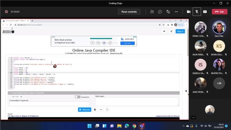Coding Dojo online em Java com mais de 30 participantes ao vivo