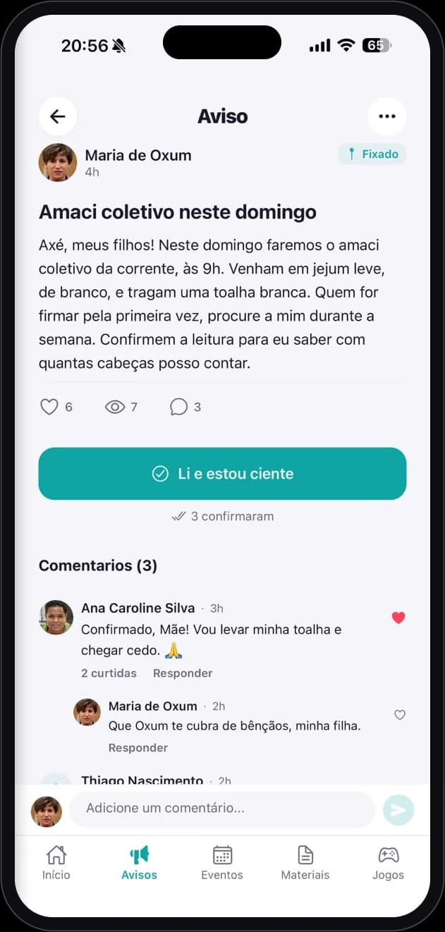 Announcement screen with an acknowledgement button, confirmation count and comments