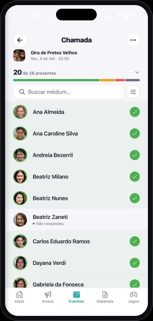 Attendance roll call screen listing the members at an event