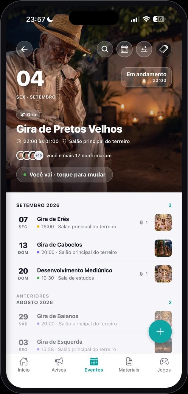MeuTerreiro calendar listing the house's ceremonies and events