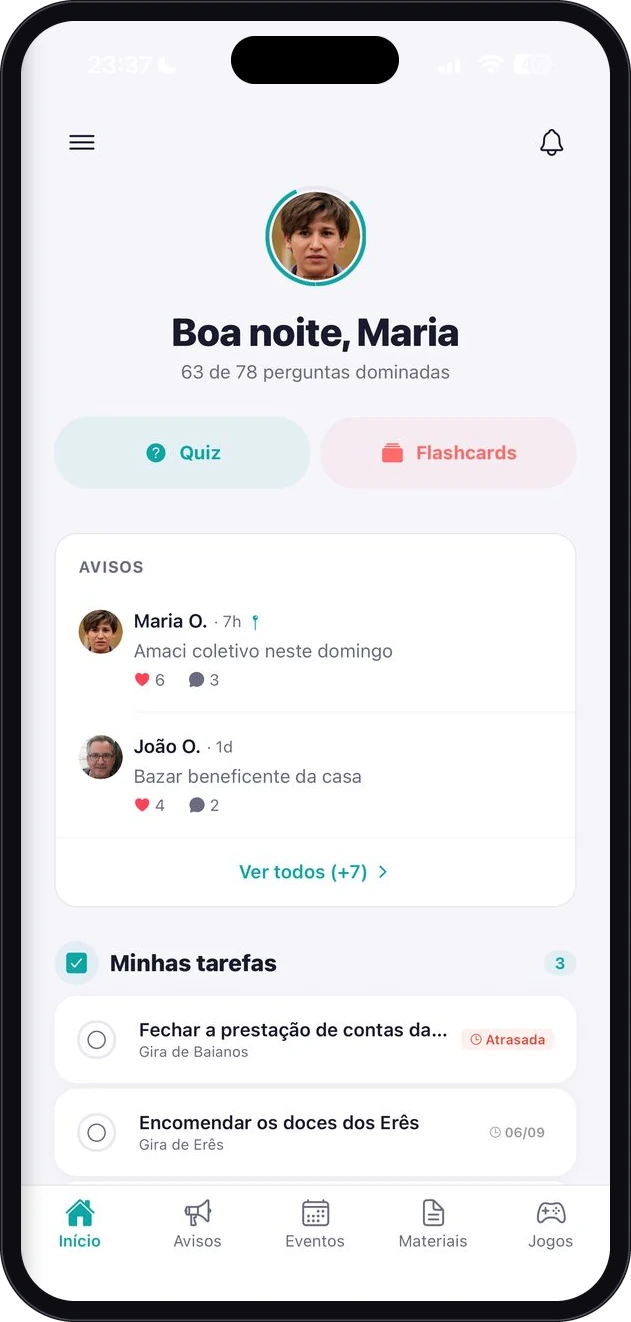 MeuTerreiro home screen with a greeting, quiz and flashcard shortcuts, recent announcements and a task list