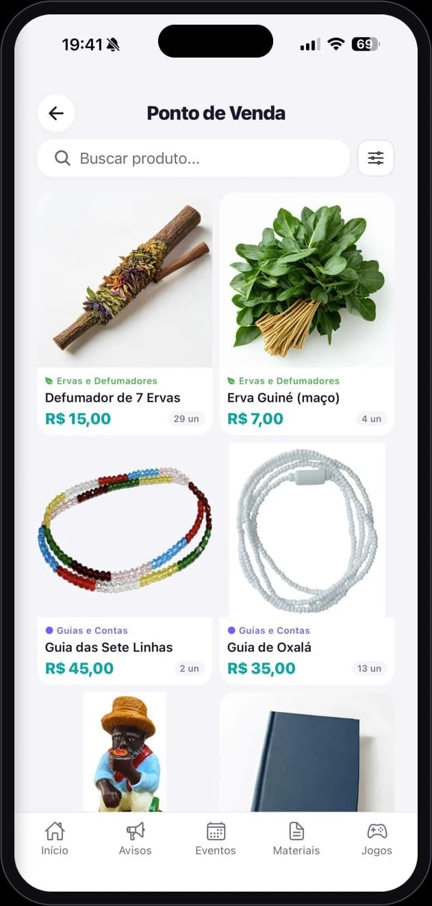 Shop sales screen with the house's product catalogue